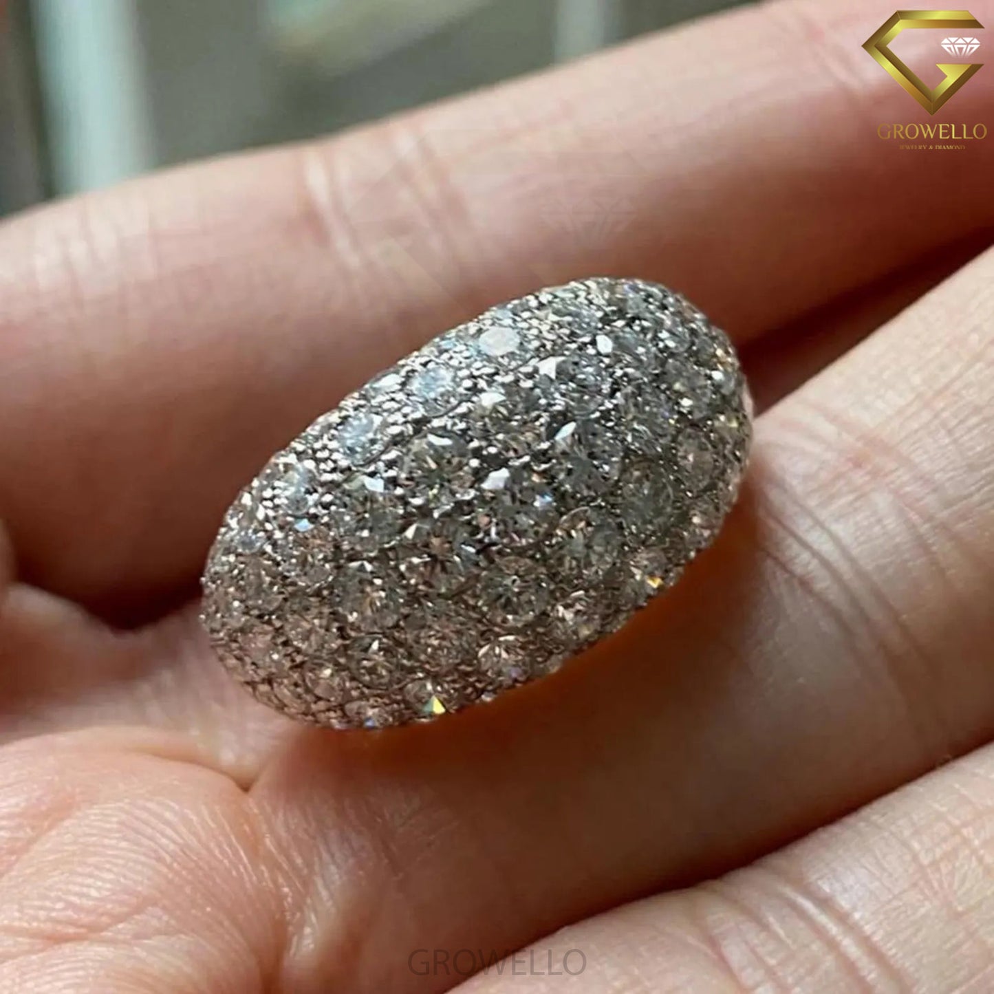 Pave Diamond Dome Engagement Ring, Wide Band, Solid Gold, Lab Grown or Moissanite Diamond