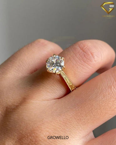 3CT Round Lotus Crown Solitaire Engagement Ring, Engraved Milgrain Band, Solid Gold, Lab-Grown or Moissanite Diamond