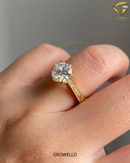 3CT Round Lotus Crown Solitaire Engagement Ring, Engraved Milgrain Band, Solid Gold, Lab-Grown or Moissanite Diamond