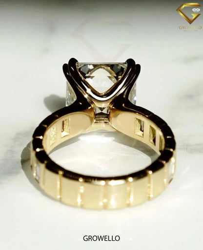3CT Asscher Cut Engagement Ring, Art Deco Baguette Band, Solid Gold, Lab-Grown & Moissanite Diamond