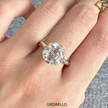 3CT Asscher Solitaire Engagement Ring, Buttercup Crown, Solid Gold, Lab-Grown or Moissanite Diamond