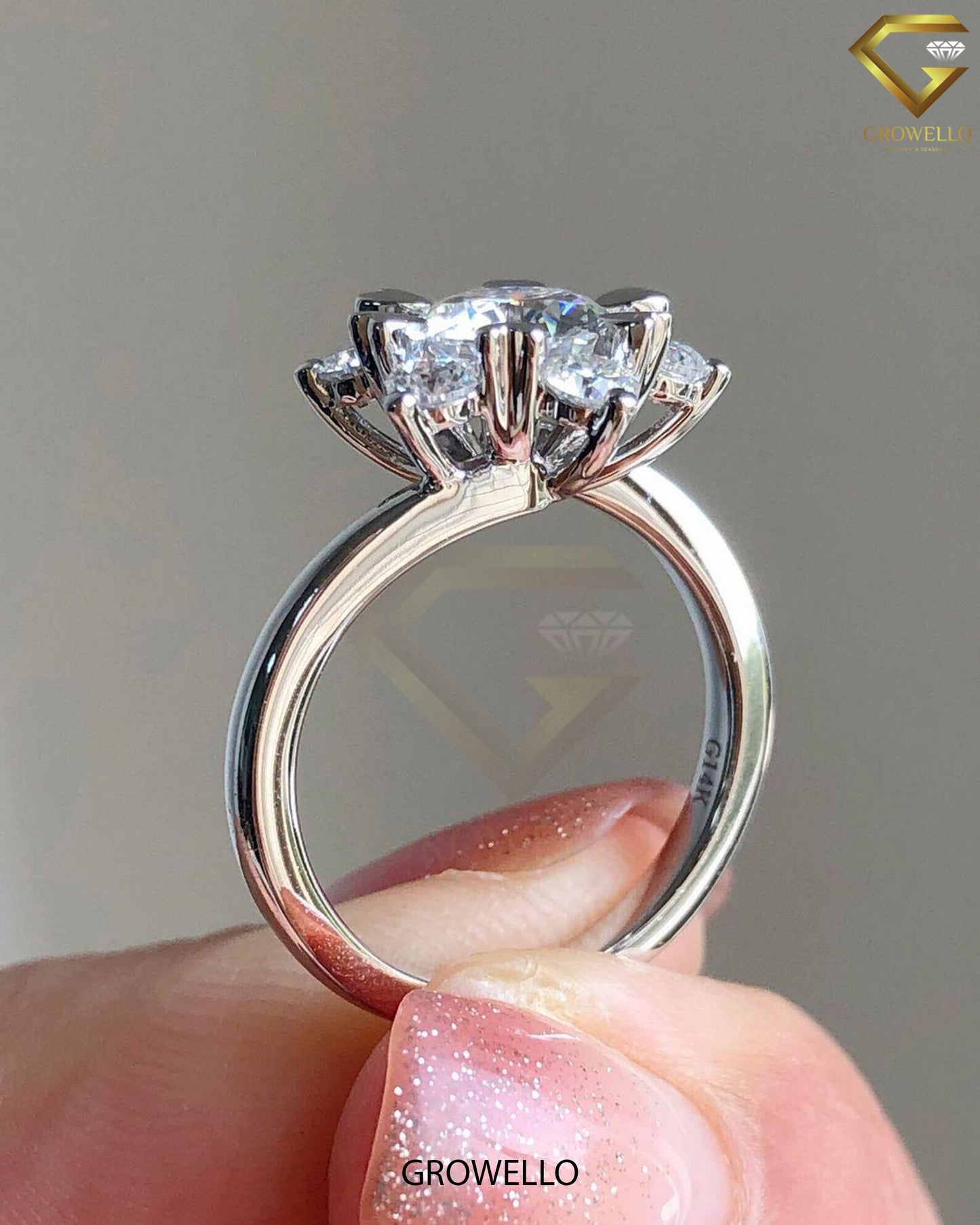 2CT Round Snowflake Halo Engagement Ring, Starburst Cluster, Solid Gold, Lab-Grown or Moissanite Diamond