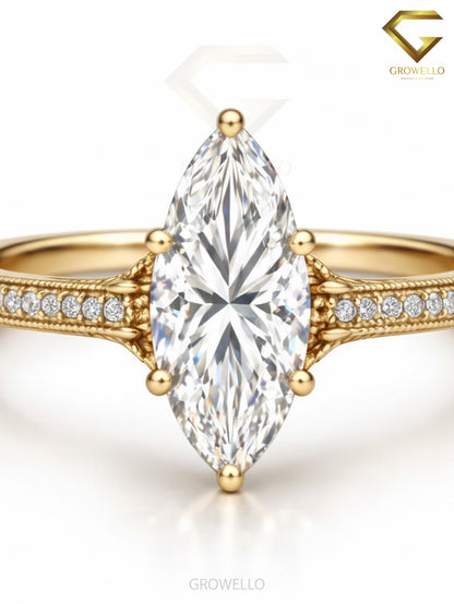 3 CT Marquise Engagement Ring, Vintage Milgrain, Solid Gold, IGI Lab Diamond or Moissanite
