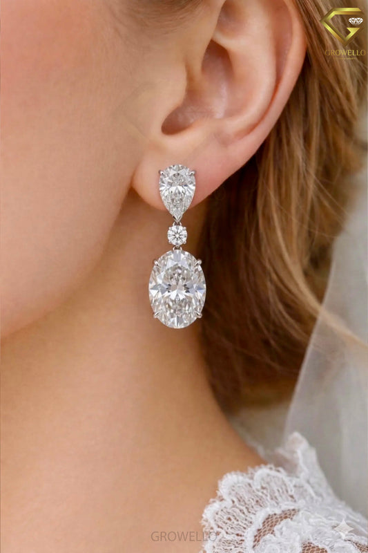 5 CT Oval Drop Earrings, Pear Round Three Stone, Solid Gold, Lab Grown Diamond or Moissanite