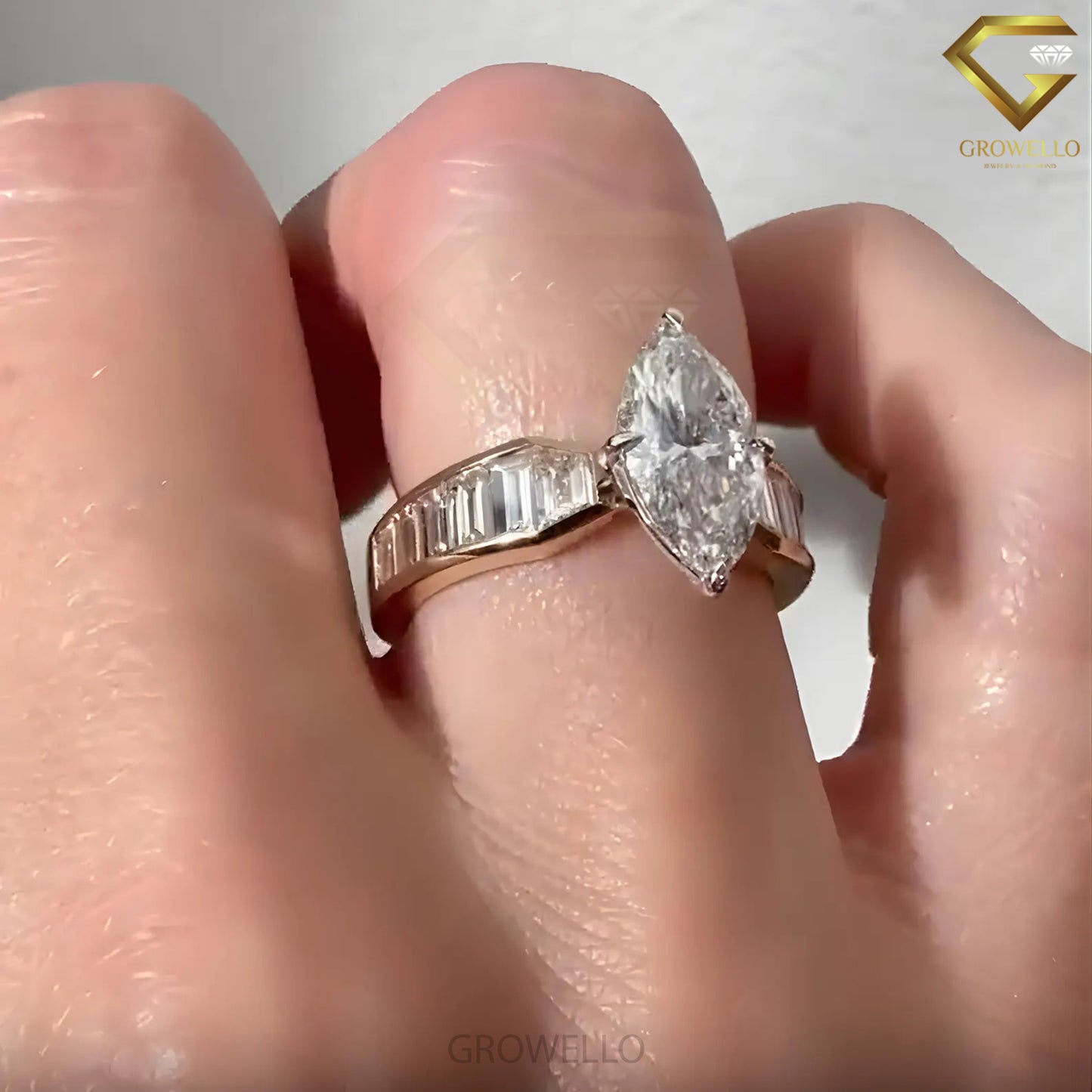 3 CT Marquise Baguette Engagement Ring, Tapered Band, Solid Gold, Lab Grown Diamond or Moissanite