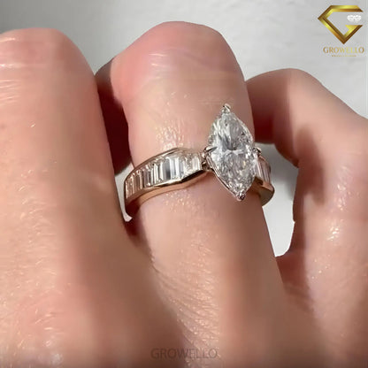 3 CT Marquise Baguette Engagement Ring, Tapered Band, Solid Gold, Lab Grown Diamond or Moissanite