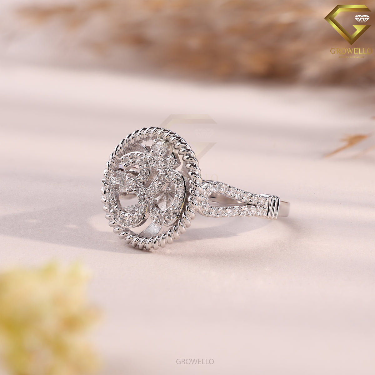 OM Symbol Halo Engagement Ring, Pave Split Shank, Solid Gold, Lab Grown Diamond or Moissanite
