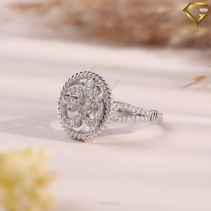 OM Symbol Halo Engagement Ring, Pave Split Shank, Solid Gold, Lab Grown Diamond or Moissanite