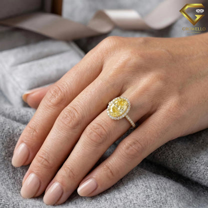 4 CT Yellow Oval Halo Engagement Ring, Pave Band, Solid Gold, IGI Lab Grown Diamond or Moissanite