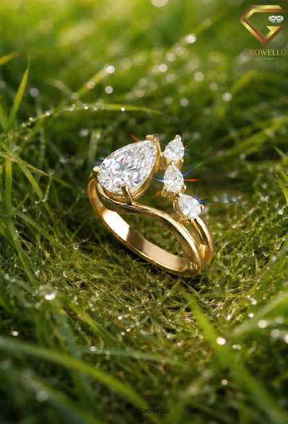 2 CT Pear Bypass Engagement Ring, 3 Stone Cluster, Solid Gold, IGI Lab Diamond/Moissanite