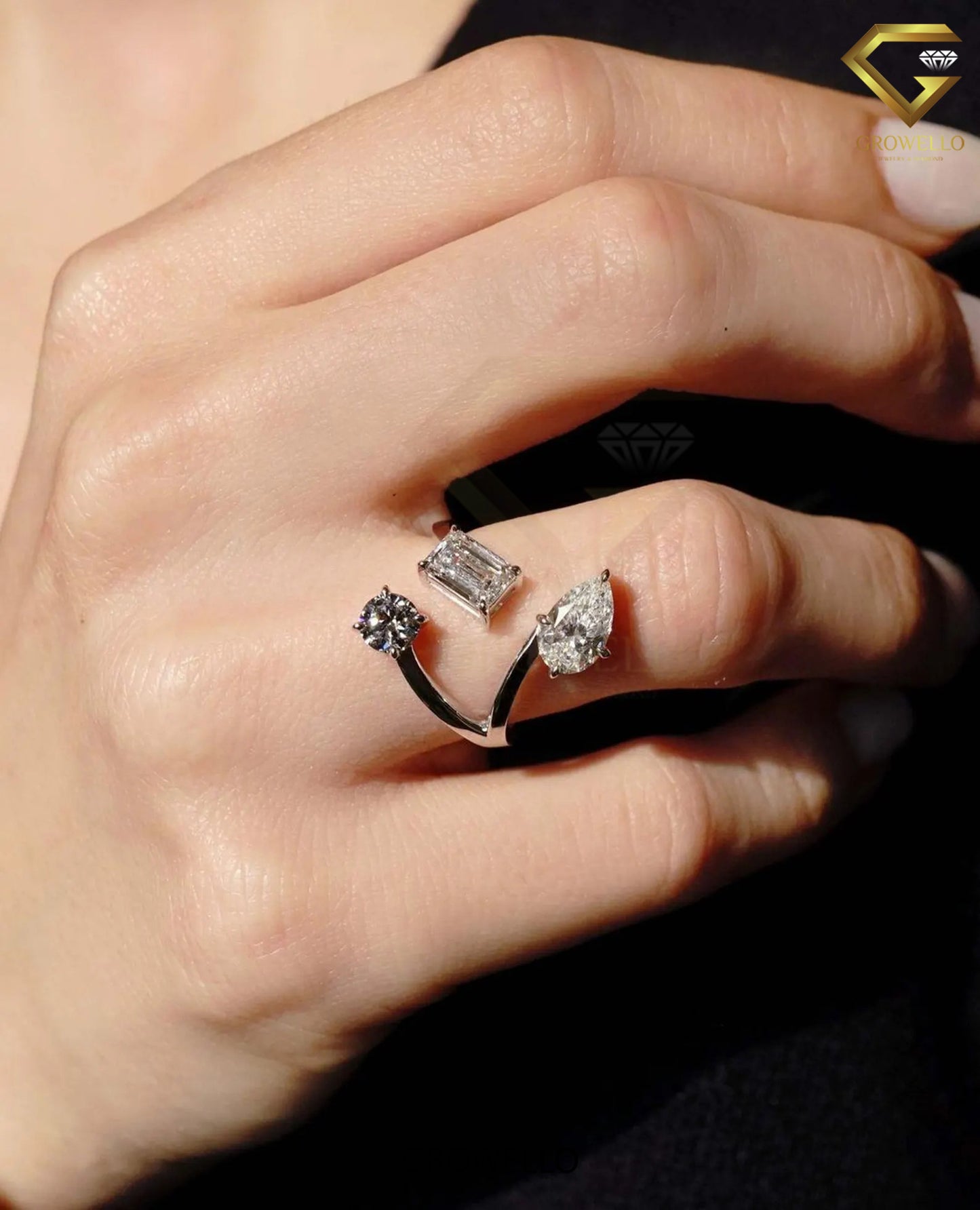 Three Stone Bypass Engagement Ring, Round-Emerald-Pear Diamond, Solid gold, Lab-Grown or Moissanite