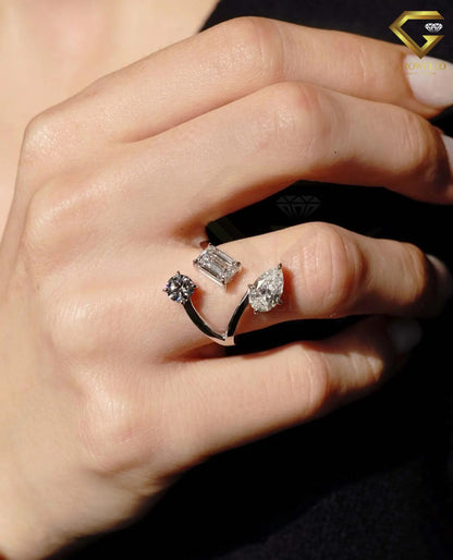 Three Stone Bypass Engagement Ring, Round-Emerald-Pear Diamond, Solid gold, Lab-Grown or Moissanite