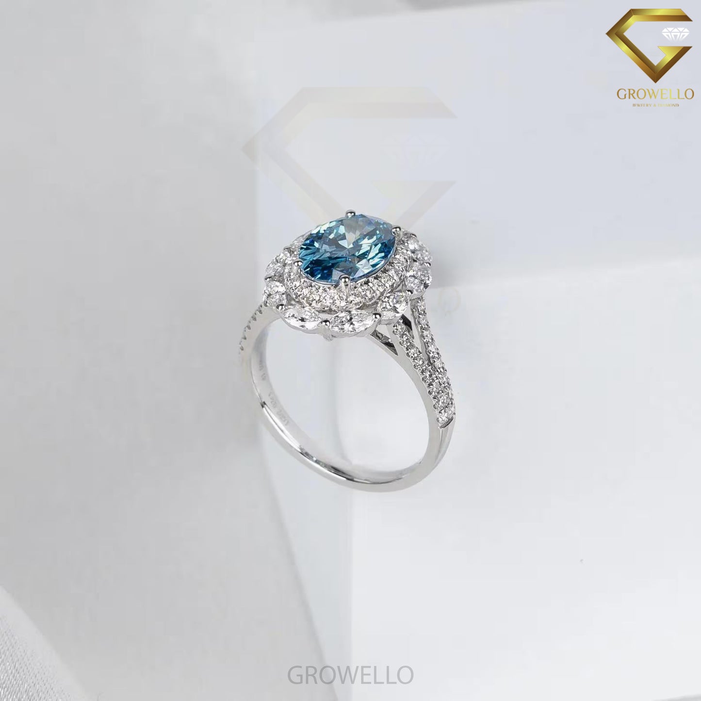 3CT Blue Oval Halo Engagement Ring, Marquise Floral Cluster, Split Pavé Band, Lab Diamond or Moissanite