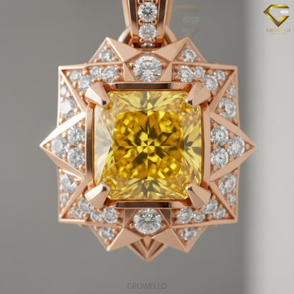 2CT Yellow Princess Cut Starburst Halo Pendant, Art Deco Geometric Necklace, Solid Gold, Lab-Grown Diamond or Moissanite