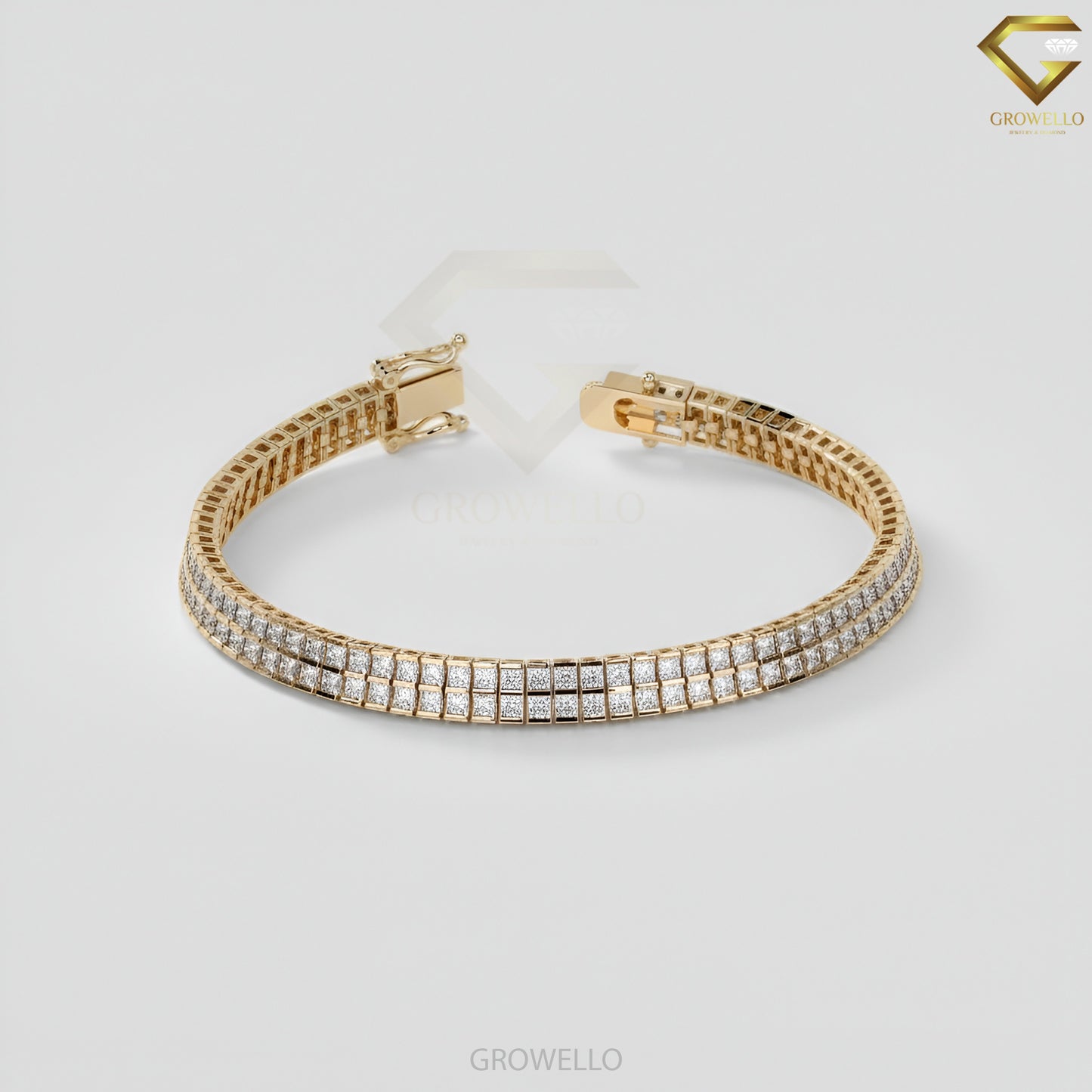 Princess Cut 3MM Diamond Tennis Bracelet, Double Row Grid Link, Solid Gold, Lab-Grown Diamond or Moissanite