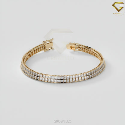 Princess Cut 3MM Diamond Tennis Bracelet, Double Row Grid Link, Solid Gold, Lab-Grown Diamond or Moissanite