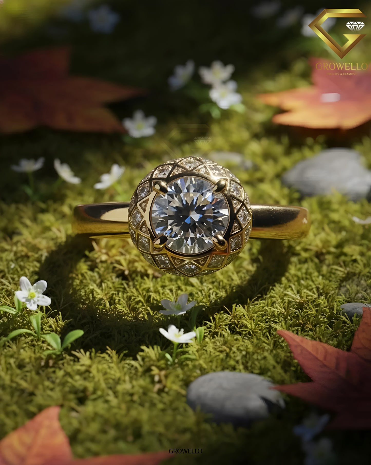 2CT Round Halo Engagement Ring, Geometric Vintage Dome Setting, Solid Gold, Lab Grown Diamond or Moissanite
