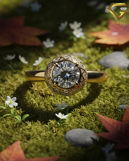 2CT Round Halo Engagement Ring, Geometric Vintage Dome Setting, Solid Gold, Lab Grown Diamond or Moissanite