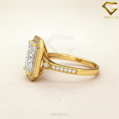 3 CT Radiant Engagement Ring, Art Deco Halo, Pave-Band, IGI Lab Diamond or Moissanite
