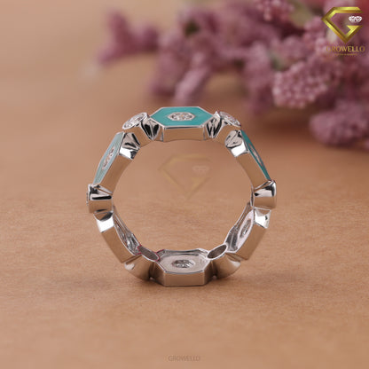 Turquoise Enamel Hexagon Diamond Ring, Geometric Designer Band, Lab Grown Diamond or Moissanite