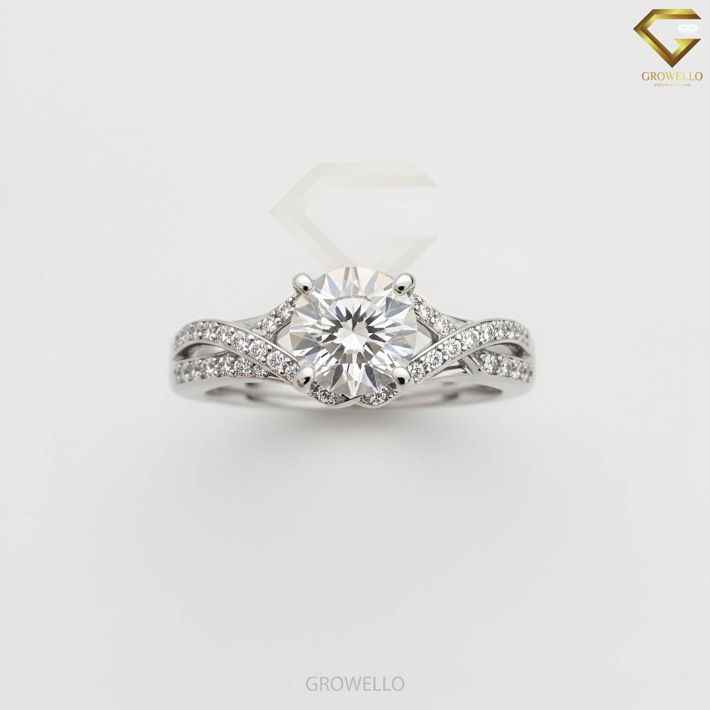 2CT Round Crossover Engagement Ring, Pavé Twisted Band, Solid Gold, Lab-Grown Diamond or Moissanite