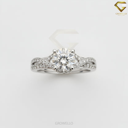 2CT Round Crossover Engagement Ring, Pavé Twisted Band, Solid Gold, Lab-Grown Diamond or Moissanite