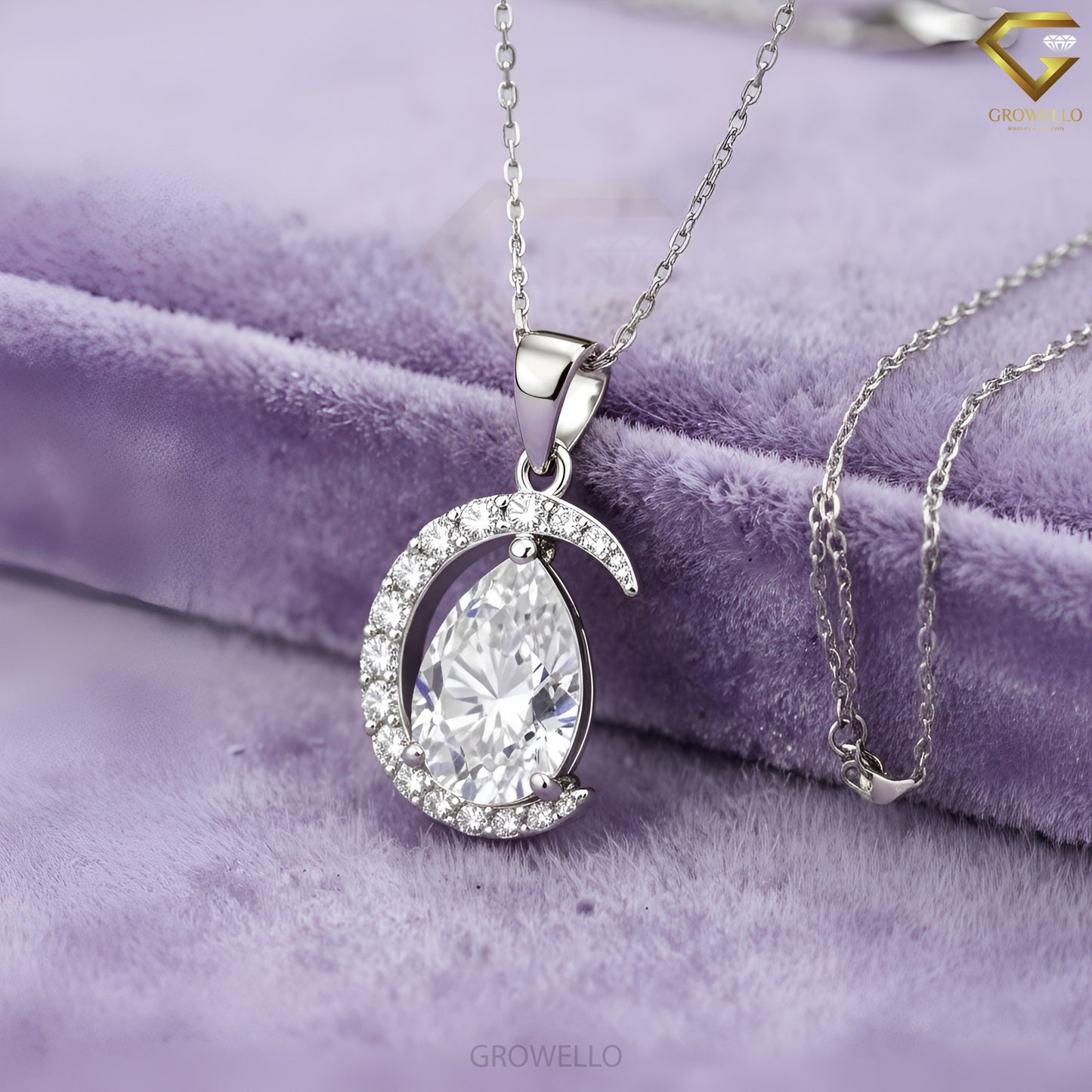 5CT Pear Cut Vintage Crescent Halo Pendant Necklace, Asymmetrical Wrap, Solid Gold, Lab-Grown Diamond or Moissanite