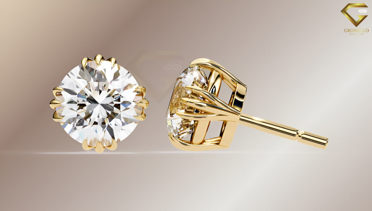 3CT Each Round Diamond Crown Stud Earrings, Split 4 Prong Basket Solitaire, Lab Grown Diamond or Moissanite, Solid Gold
