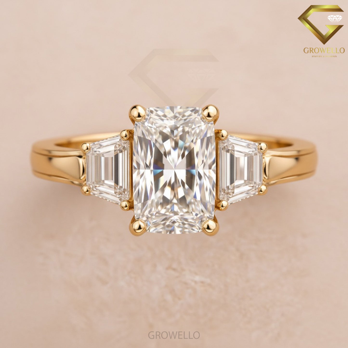 3 CT Radiant Cut Trapezoid Side Stone Engagement Ring, Solid Gold, IGI Lab Diamond or Moissanite