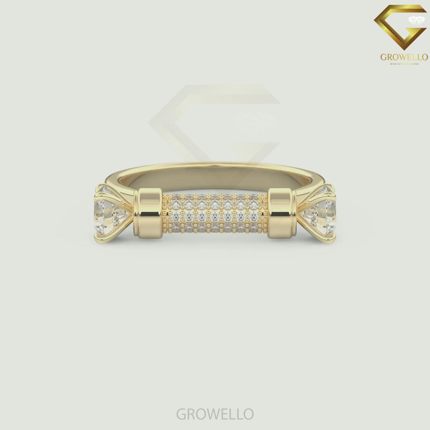 Toi et Moi Round Stone Pavé Bar Engagement Band, Solid Gold, Lab Grown Diamond or Moissanite