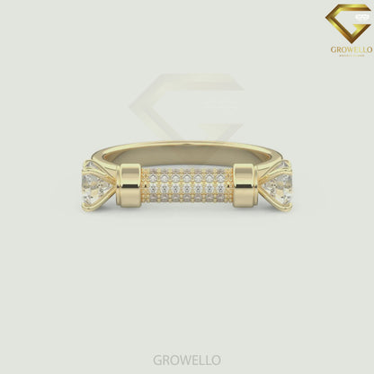 Toi et Moi Round Stone Pavé Bar Engagement Band, Solid Gold, Lab Grown Diamond or Moissanite