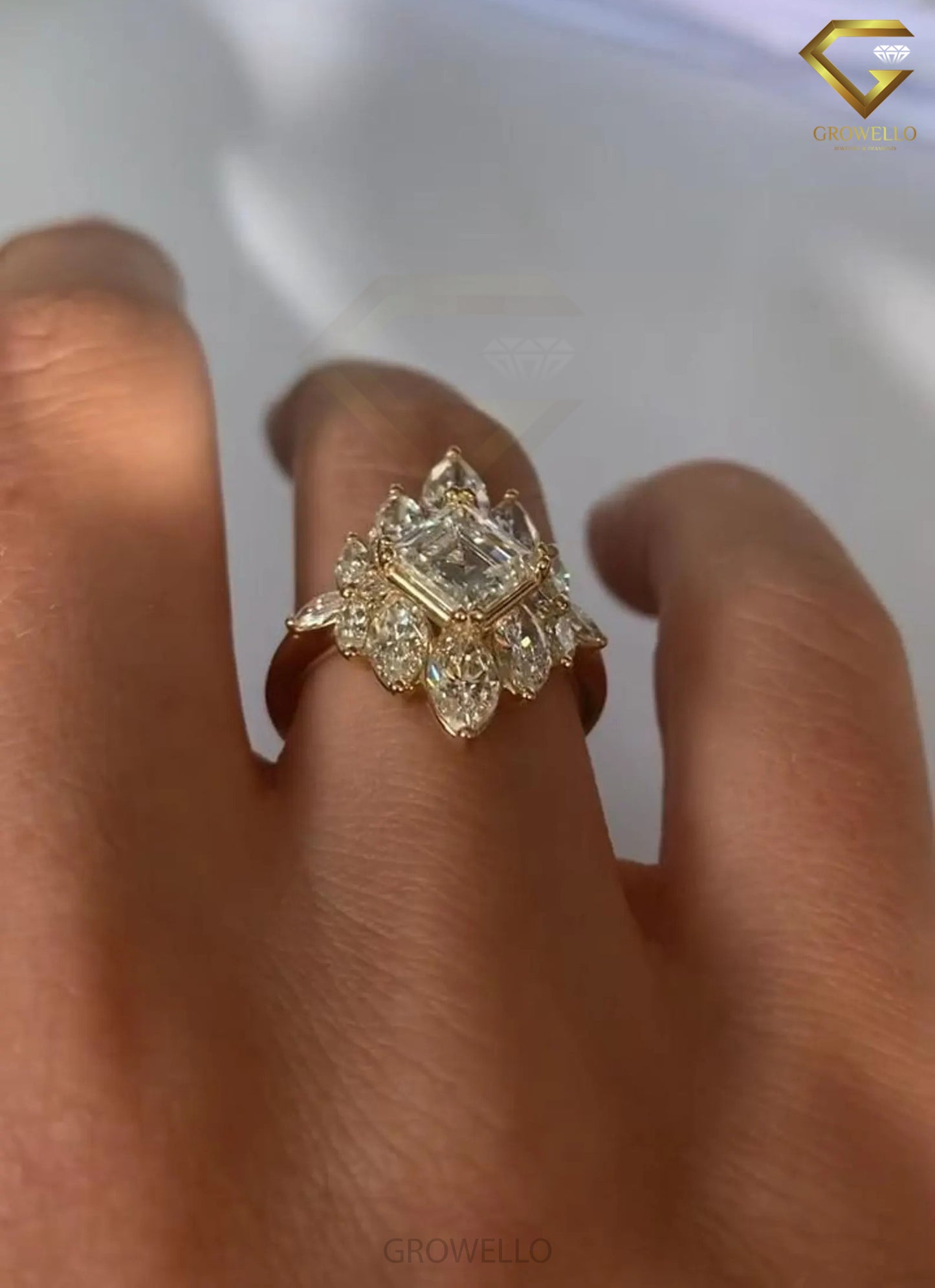 3CT Asscher Halo Engagement Ring, Vintage Marquise Cluster, Solid Gold, Lab Grown Diamond or Moissanite