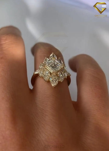 3CT Asscher Halo Engagement Ring, Vintage Marquise Cluster, Solid Gold, Lab Grown Diamond or Moissanite