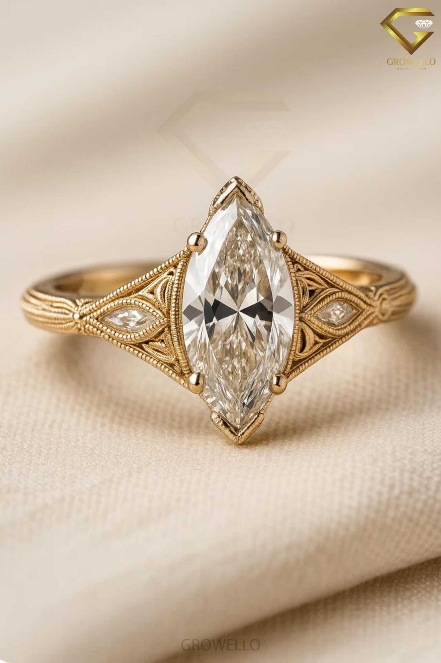 3 CT Marquise Vintage Filigree Engagement Ring, Art Deco Antique Style, Solid Gold, Lab Diamond or Moissanite
