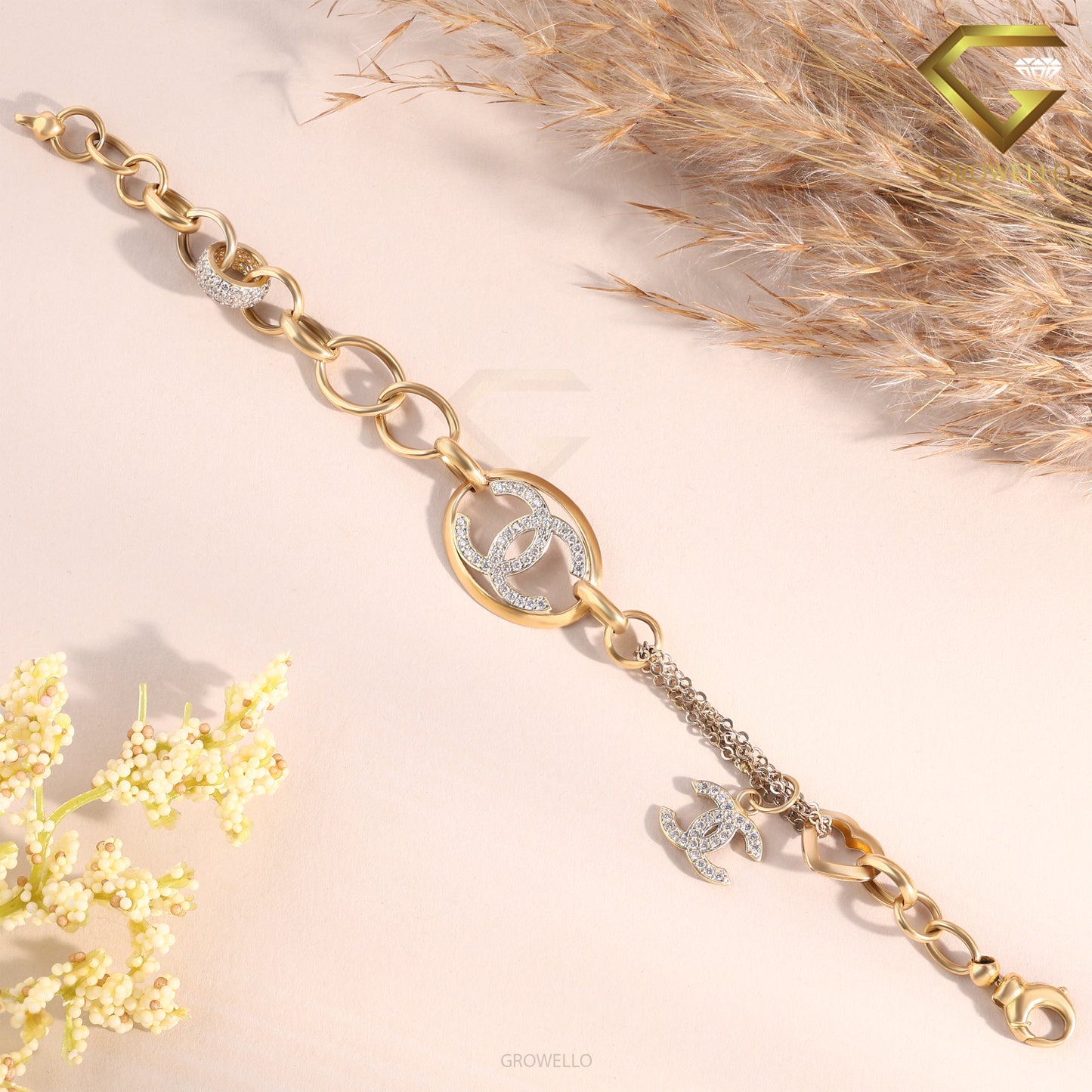 Luxury CC Style Diamond Bracelet, Chunky Chain Charm, Solid Gold, Lab Grown or Moissanite