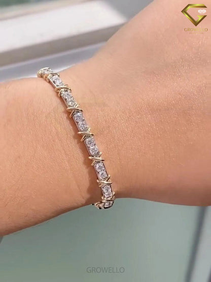 Round Diamond Link Bracelet, X Wrap Design, Solid Gold, Lab Grown or Moissanite