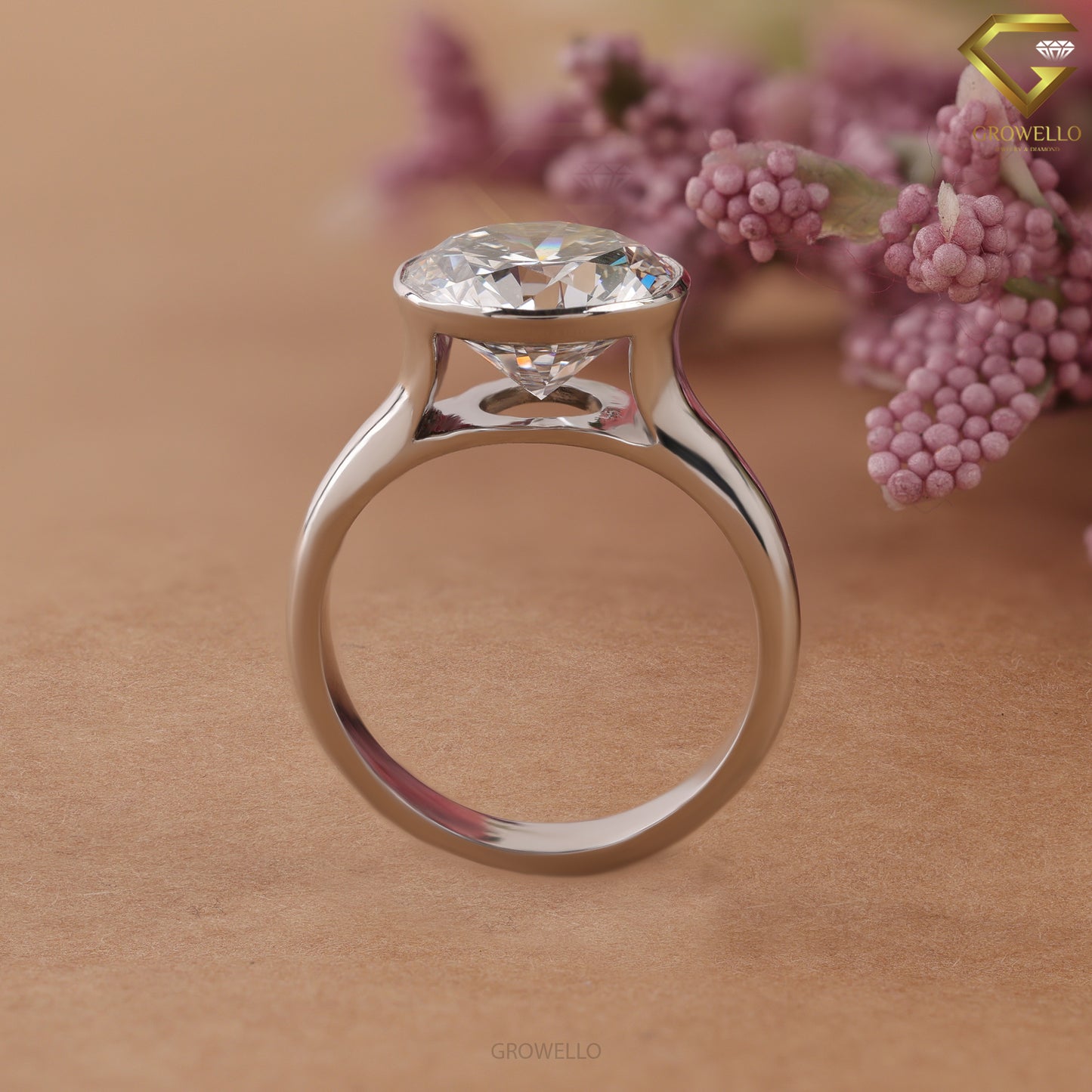 5CT Round Bezel Solitaire Engagement Ring, Minimalist Statement Ring, Lab Grown Diamond or Moissanite