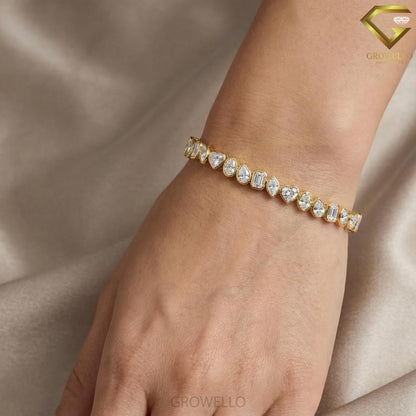 Mixed Shape Bezel Diamond Tennis Bracelet, Minimalist Solid Gold, Lab Grown or Moissanite