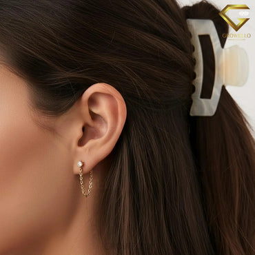 Round Bezel Diamond Chain Drop Earrings, Dainty Solid Gold Studs, Lab-Grown Diamond or Moissanite
