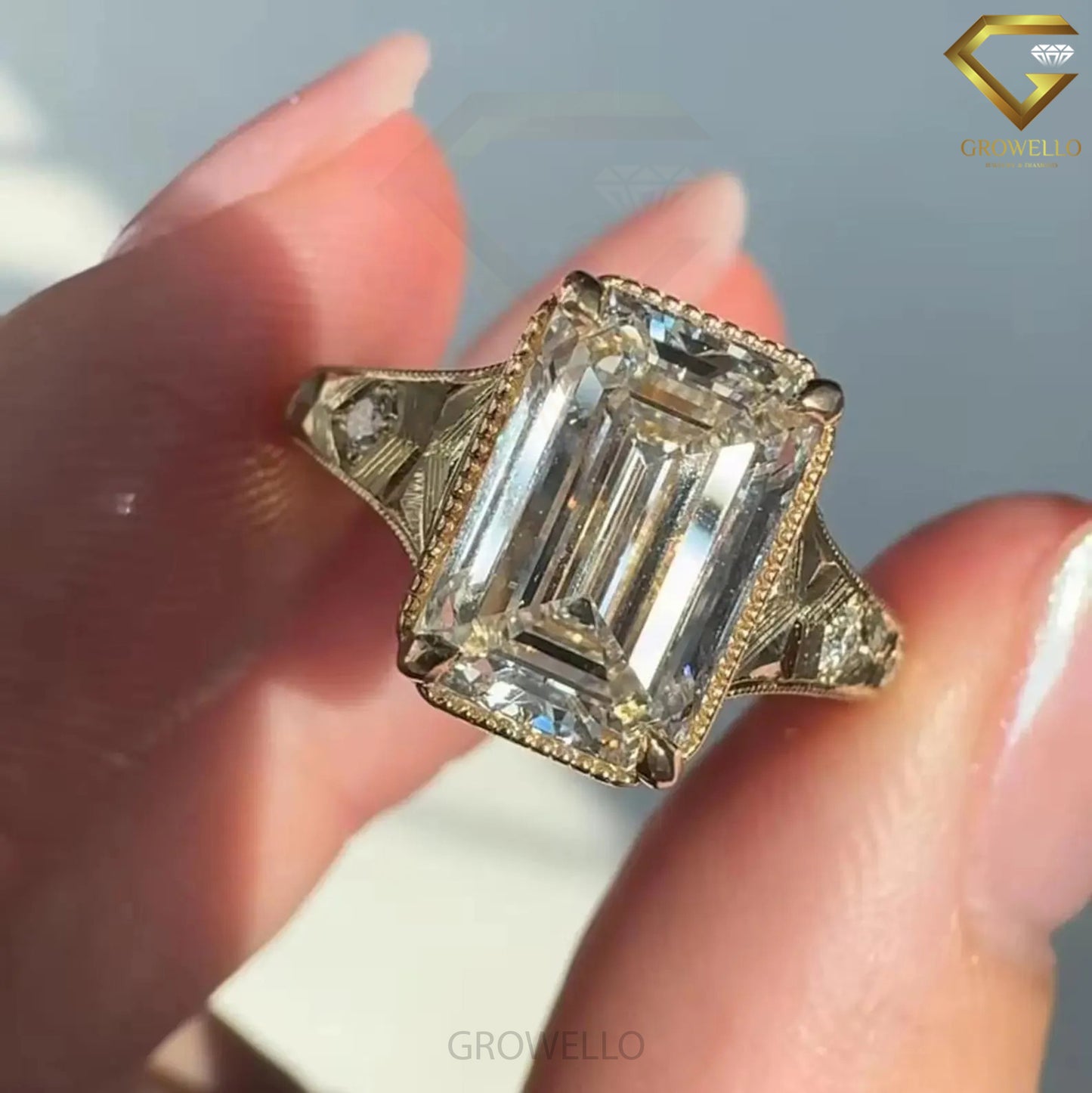 5 CT Emerald Cut Vintage Engraved Engagement Ring, Antique Style, Lab Diamond or Moissanite