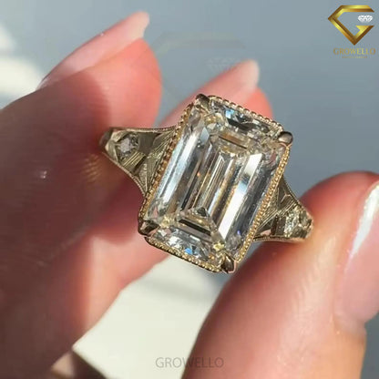 5 CT Emerald Cut Vintage Engraved Engagement Ring, Antique Style, Lab Diamond or Moissanite