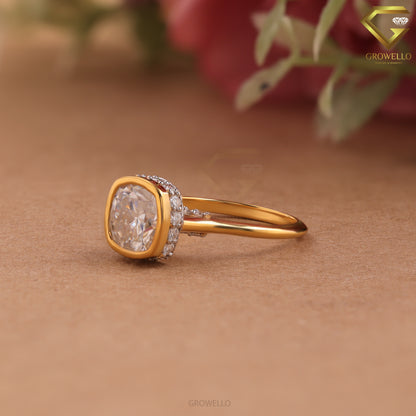 2CT Cushion Bezel Engagement Ring, Hidden Halo, Solid Gold, Lab Grown Diamond/Moissanite
