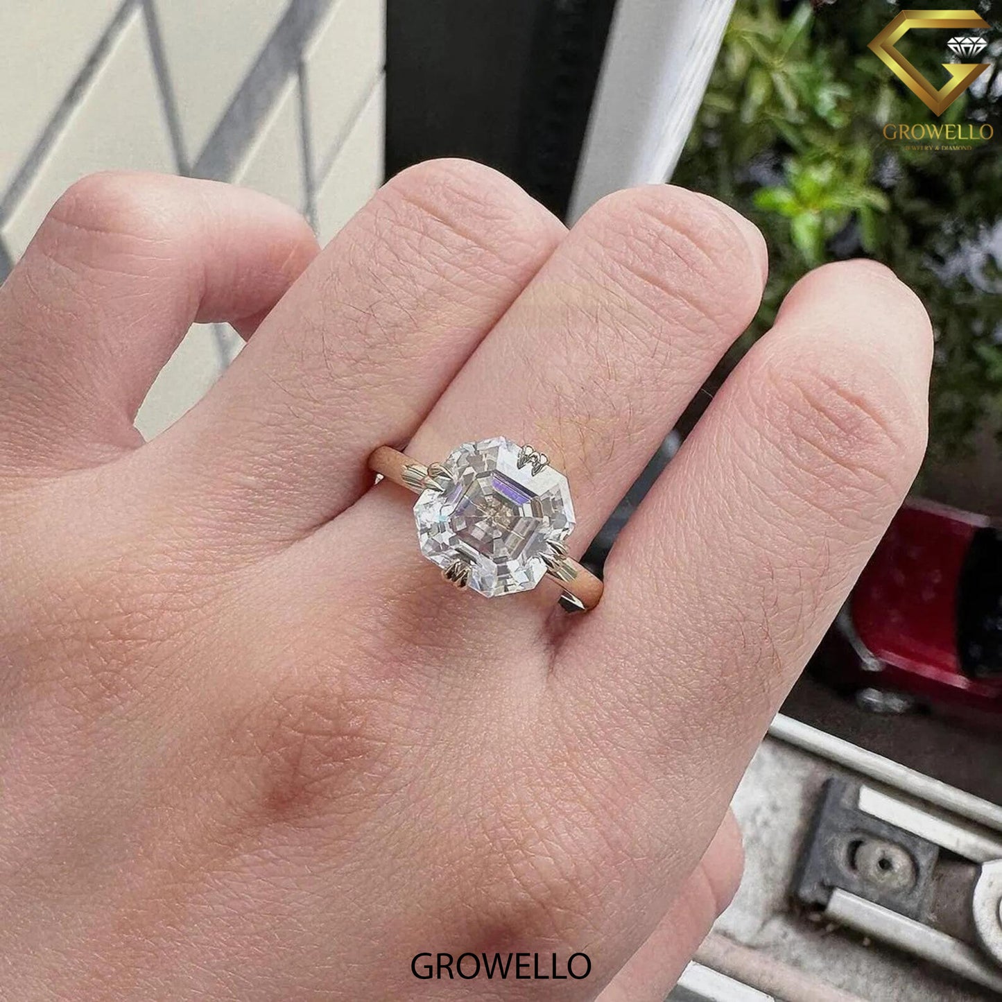 3CT Asscher Solitaire Engagement Ring, Buttercup Crown, Solid Gold, Lab-Grown or Moissanite Diamond