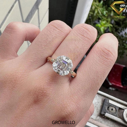 3CT Asscher Solitaire Engagement Ring, Buttercup Crown, Solid Gold, Lab-Grown or Moissanite Diamond