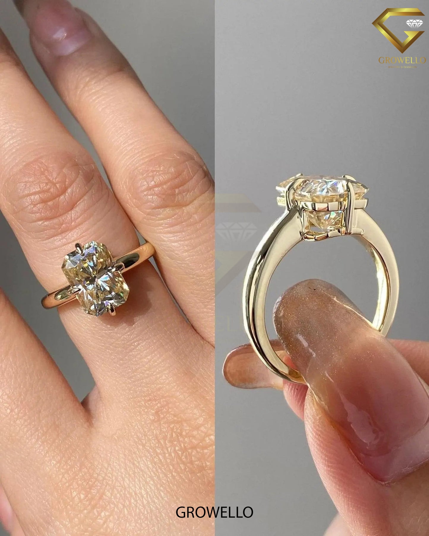 3CT champagne radiant Engagement Ring, claw-prong basket, solid gold, lab-grown or moissanite Diamond