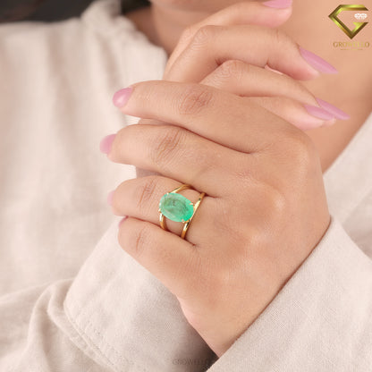 4CT Oval Emerald Panna Engagement Ring, Open Bypass Prong Design, Solid Gold, Natural Green Gemstone