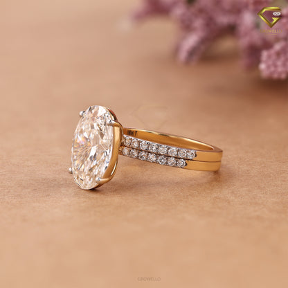 5CT Oval Diamond Engagement Ring, Double Wedding Band, Solid Gold, Lab Grown or Moissanite