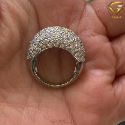Pave Diamond Dome Engagement Ring, Wide Band, Solid Gold, Lab Grown or Moissanite Diamond