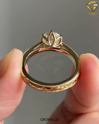 3CT Round Lotus Crown Solitaire Engagement Ring, Engraved Milgrain Band, Solid Gold, Lab-Grown or Moissanite Diamond