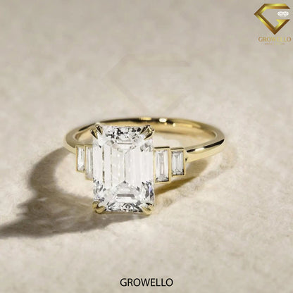 3CT Emerald Cut Engagement Ring, Tapered Baguette Shoulders, Solid Gold, Lab-Grown or Moissanite Diamond